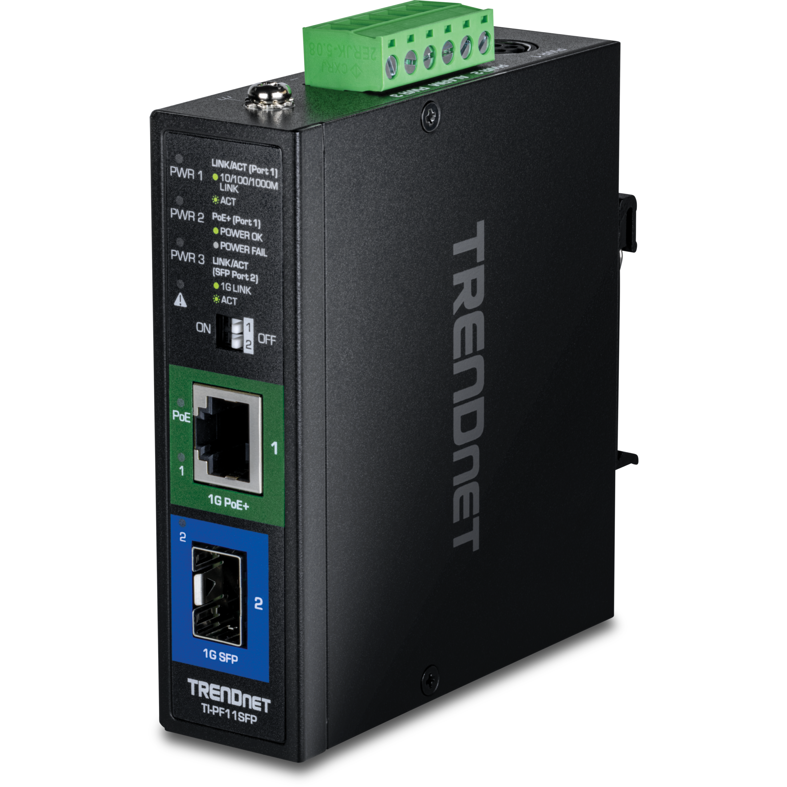 Hardened Industrial SFP to Gigabit PoE+ Media Converter Trendnet