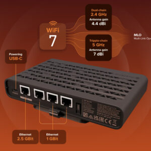 A42G-HbeP hAP be lite - Router Wi-Fi 7 BE3600, 1 puerto 2.5G + 3 Gigabit, USB-C
